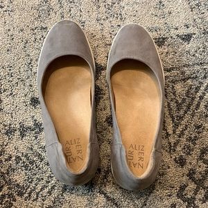 Grey microsuede wedges. Wide width